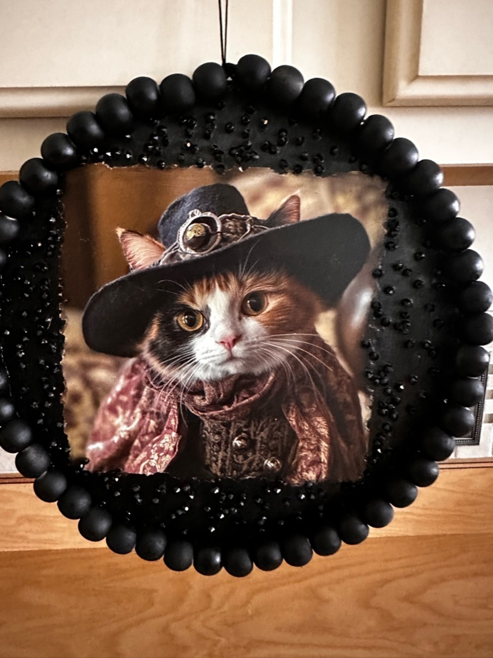 Hand Crafted Black Beaded Framed Cat Portrait